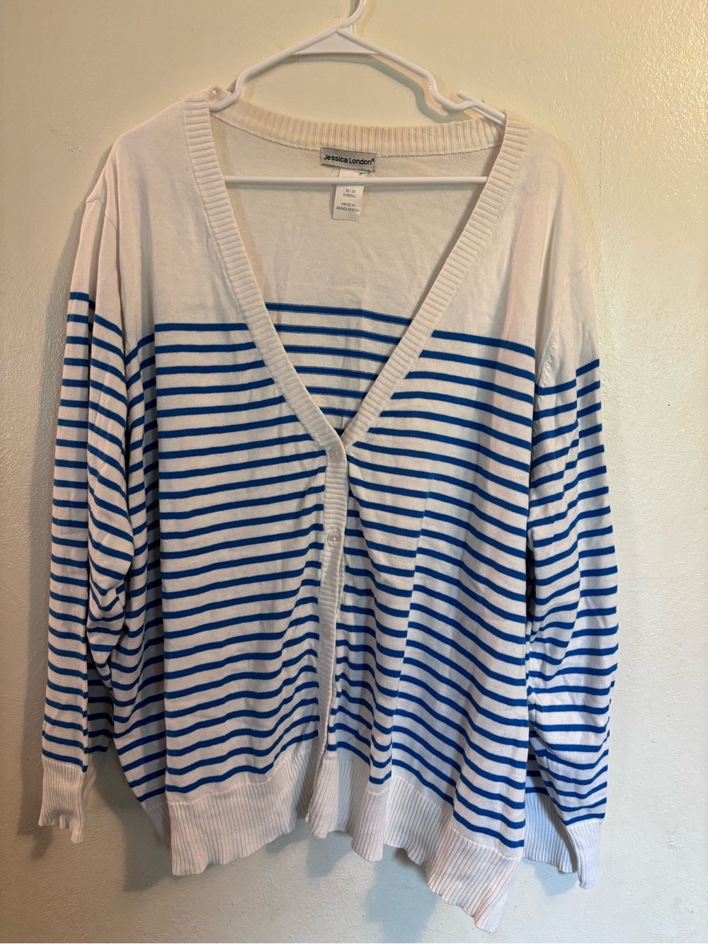 Jessica London White and Blue Striped V-Neck Cardigan